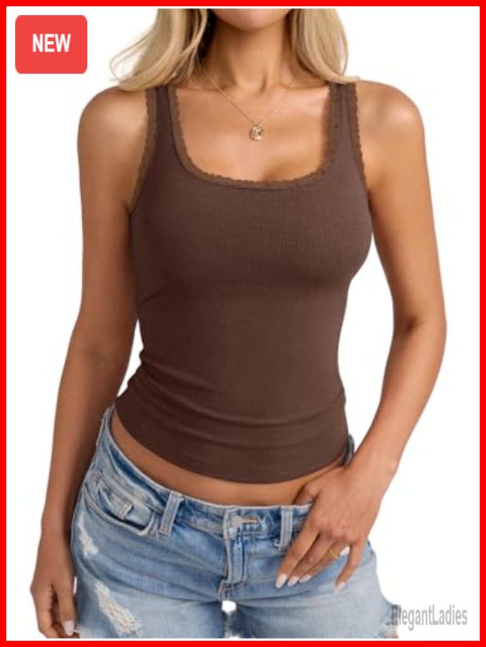 Lace Trim Cotton Ribbed Tank Top Cute Scoop Neck Camisole Stretch